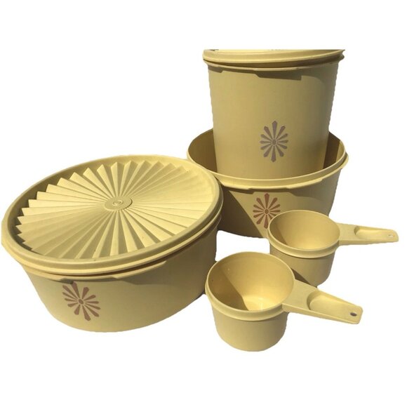 Vtg MCM Tupperware Round Servalier Canister Set 1204 1205 805 Yellow Gold 7pc - Picture 1 of 16